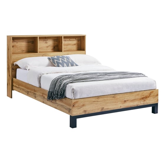 Bali Wooden King Size Bed With Bookcase, King Size Oak Headboard With Shelves