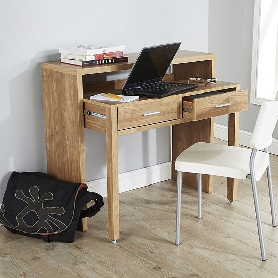 Balin Extendable Desk Or Console Table In Oak With 2 Drawers