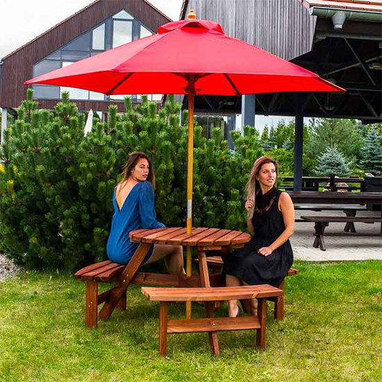 Balint Timber Picnic Table Round With Benches In Brown