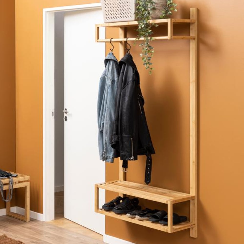 Ballie Wooden Wall Hung Coat Rack With 3 Shelves In Oak