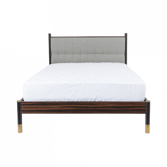 Photo of Balta wooden double bed in ebony with grey fabric headboard