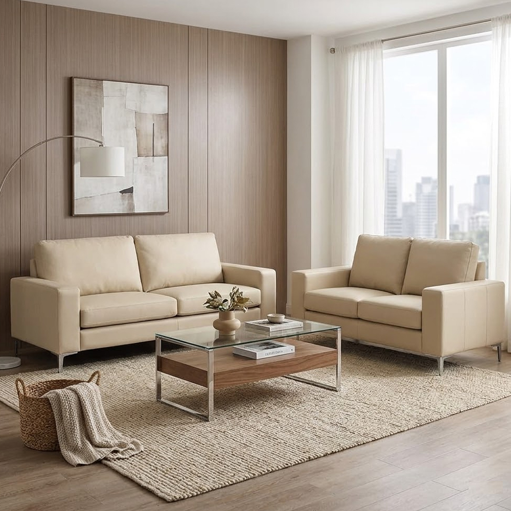 Baltic 3+2 Faux Leather Sofa Set In Ivory