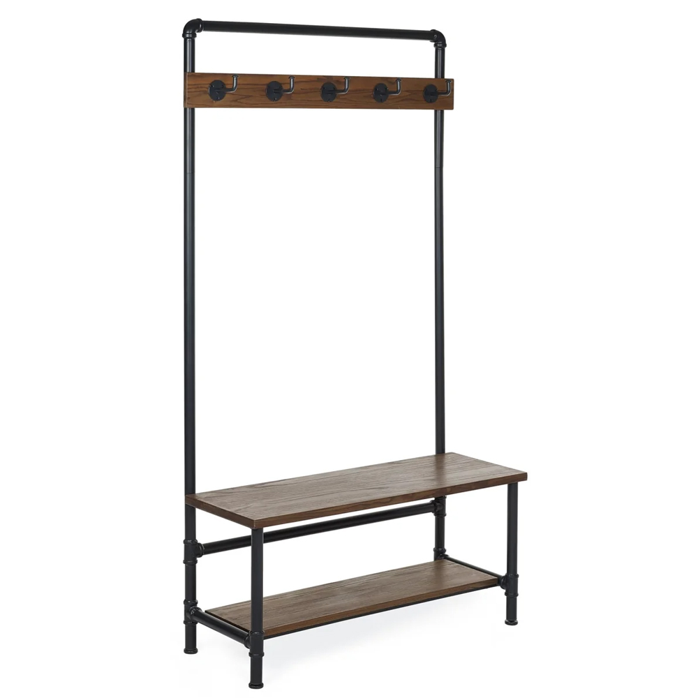 Baltimore Wooden Coat Stand With Bench - Brown And Black