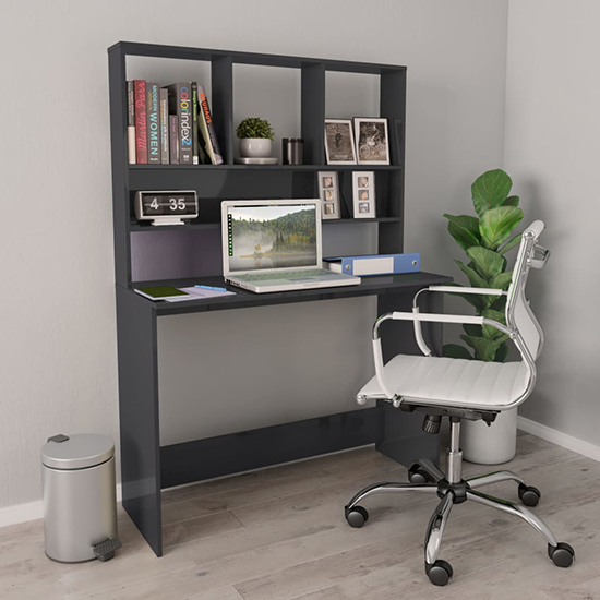 Bancroft High Gloss Laptop Desk With Bookshelf In Grey_1
