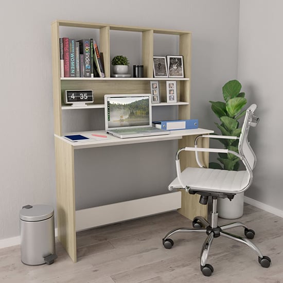 Bancroft Wooden Laptop Desk With Bookshelf In White Sonoma Oak
