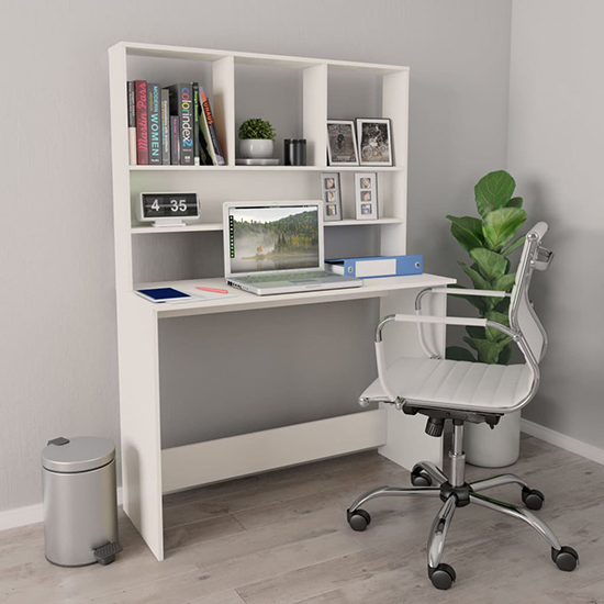 Bancroft Wooden Laptop Desk With Bookshelf In White Furniture in Fashion