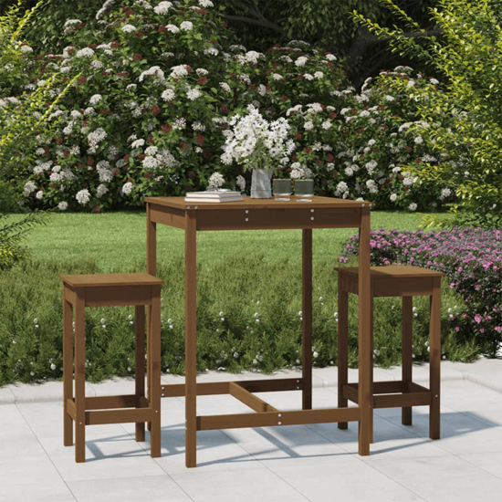 Product photograph of Bangor Solid Wood Pine 3 Piece Garden Bar Set In Honey Brown from Furniture in Fashion