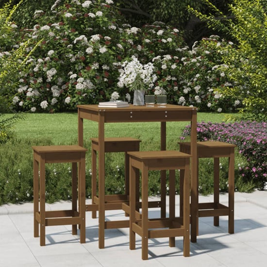 Product photograph of Bangor Solid Wood Pine 5 Piece Garden Bar Set In Honey Brown from Furniture in Fashion