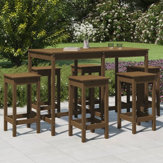 Product photograph of Bangor Solid Wood Pine 7 Piece Garden Bar Set In Honey Brown from Furniture in Fashion
