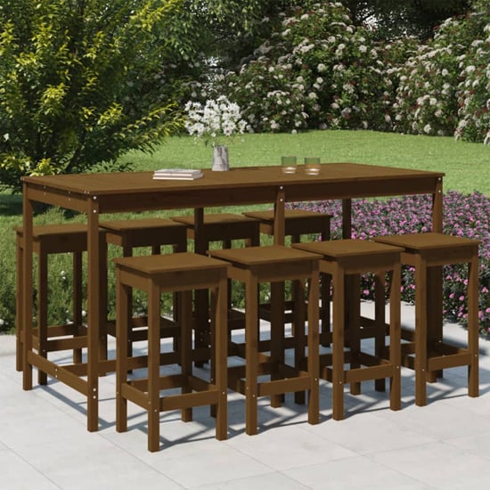 Product photograph of Bangor Solid Wood Pine 9 Piece Garden Bar Set In Honey Brown from Furniture in Fashion