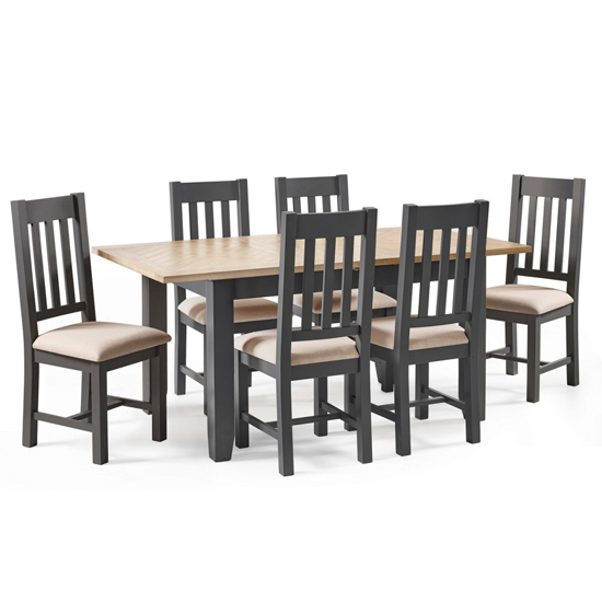 Baqia Extending Wooden Dining Table With 6 Chairs In Dark Grey