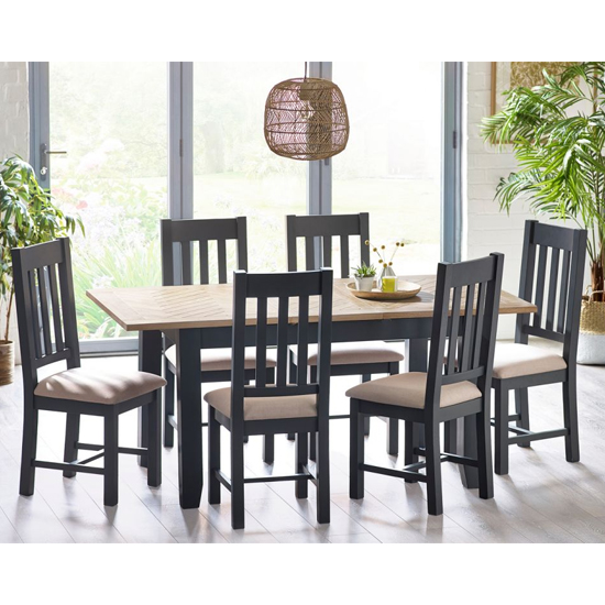 Baqia Extending Wooden Dining Table With 6 Chairs In Dark Grey