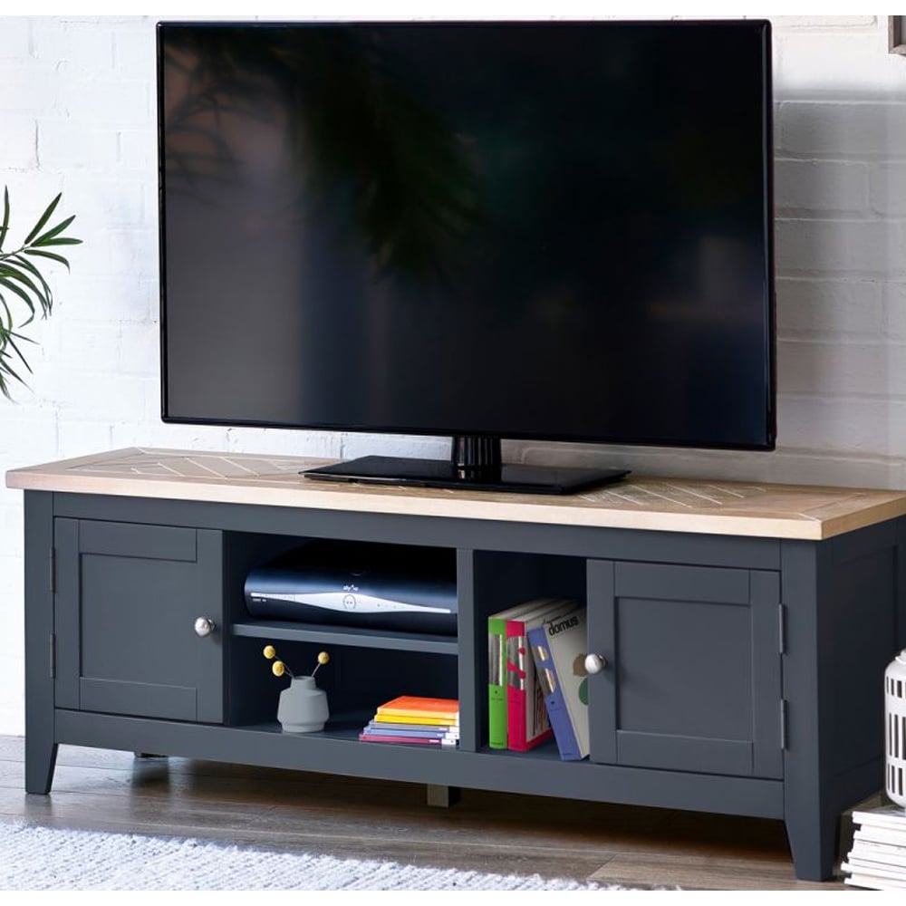 Read more about Baqia wooden tv stand with 2 doors in dark grey