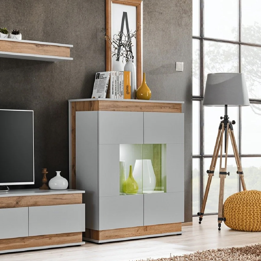 Read more about Baraboo wooden display cabinet with 2 doors in grey oak and led