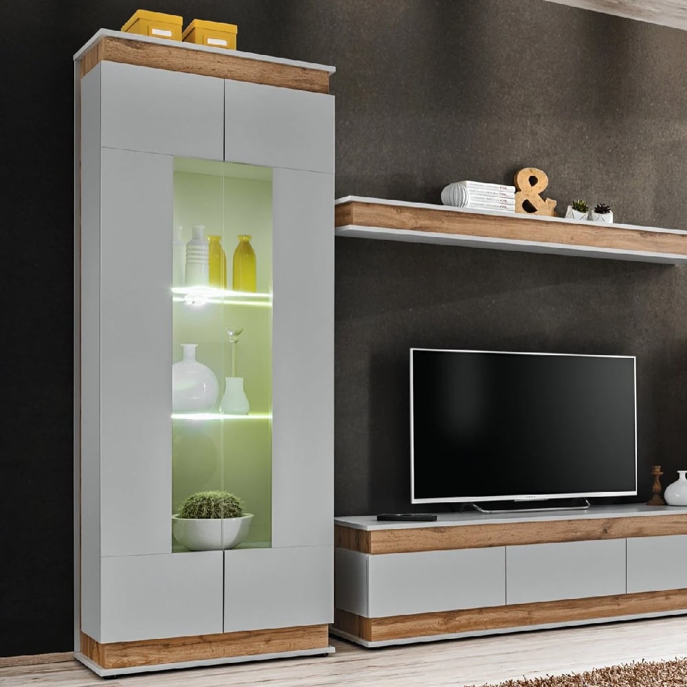 Read more about Baraboo wooden display cabinet 2 doors in grey and oak with led