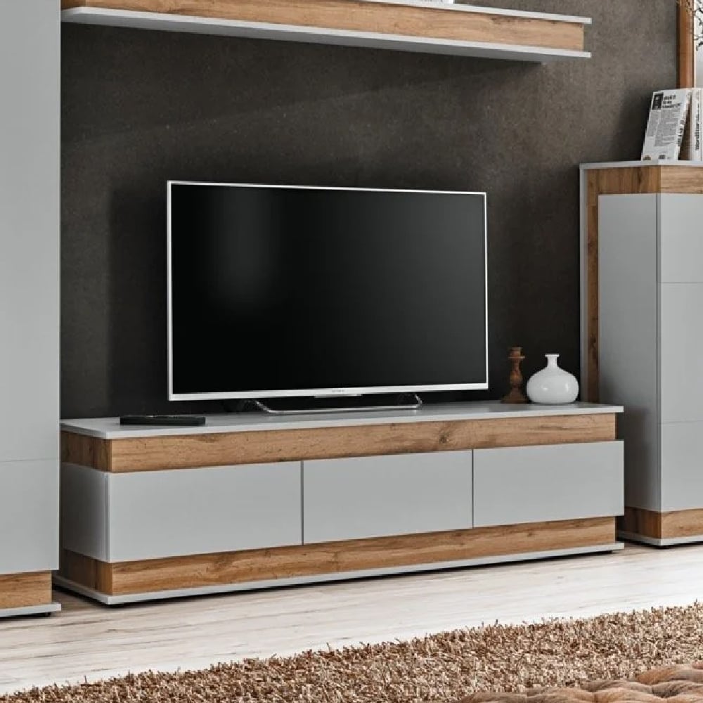 Read more about Baraboo wooden tv stand with 3 drawers in grey and oak