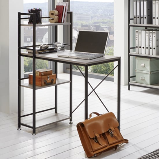 Read more about Barbara wooden computer desk with shelves in concrete effect