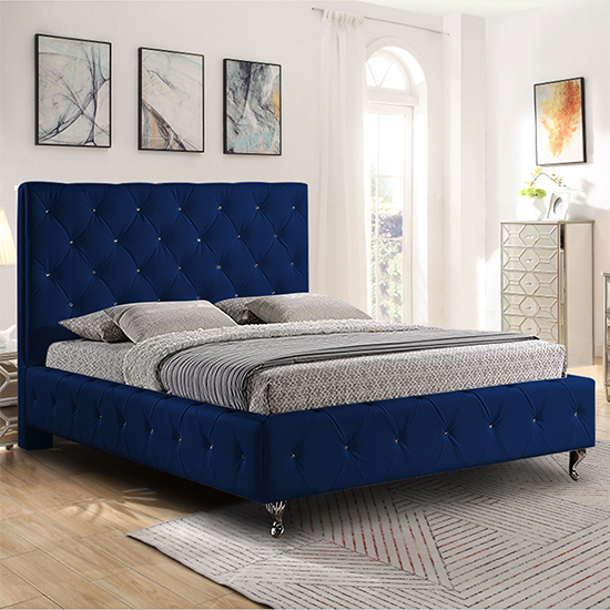 Barberton Plush Velvet Double Bed In Blue