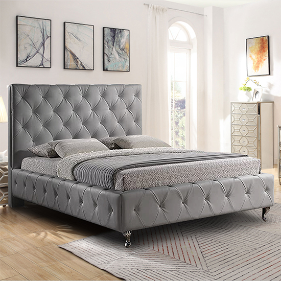Barberton Plush Velvet King Size Bed In Grey