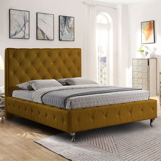 Barberton Plush Velvet King Size Bed In Mustard