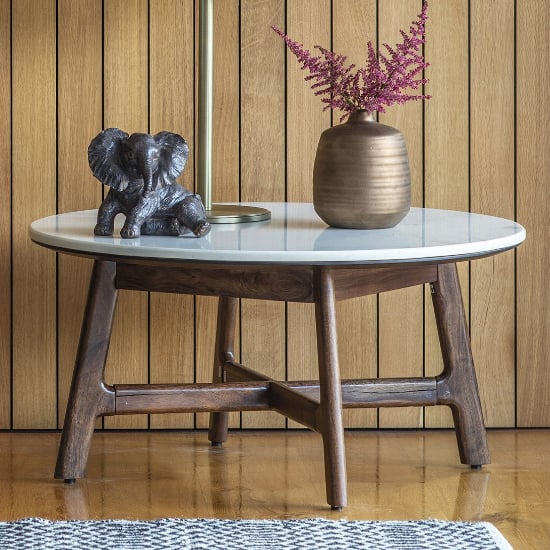 Photo of Barcela wooden coffee table with white marble top in walnut