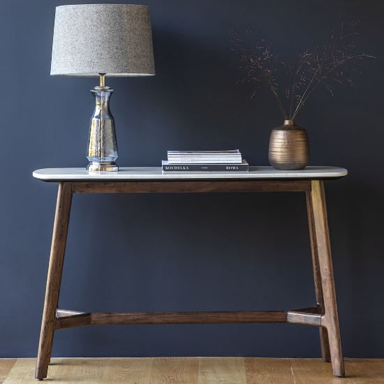 Read more about Barcela wooden console table with white marble top in walnut