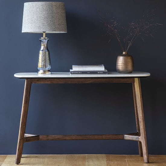 Photo of Barcela wooden console table with white marble top in walnut