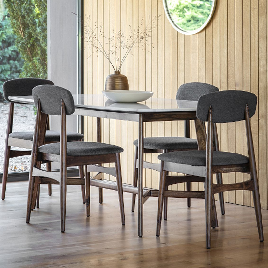 Barcela Wooden Dining Table With White Marble Top In Walnut