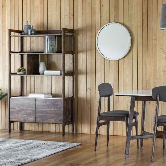 Barcela Wooden Shelving Unit With White Marble Shelf In Walnut