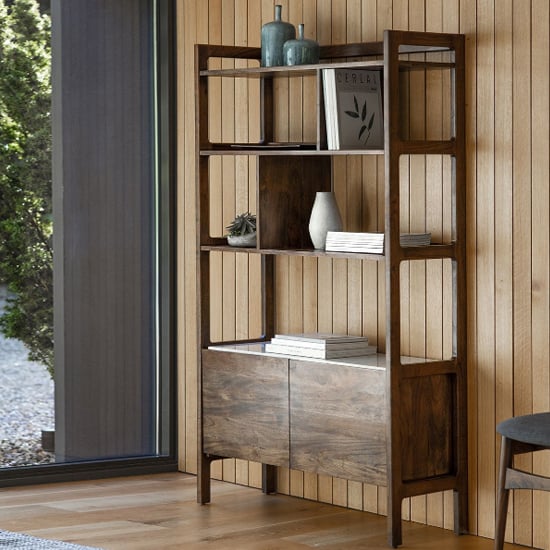 Read more about Barcela wooden shelving unit with white marble shelf in walnut