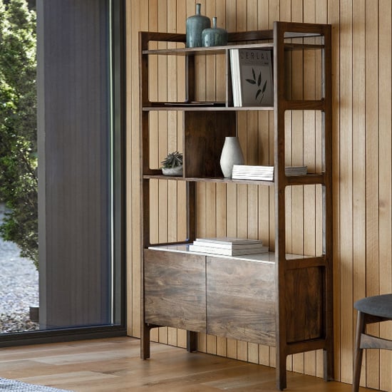 Product photograph of Barcela Wooden Shelving Unit With White Marble Shelf In Walnut from Furniture in Fashion