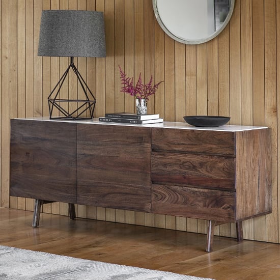 Product photograph of Barcela Wooden Sideboard With White Marble Top In Walnut from Furniture in Fashion