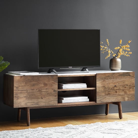 Barcela Wooden TV Stand With White Marble Top In Walnut