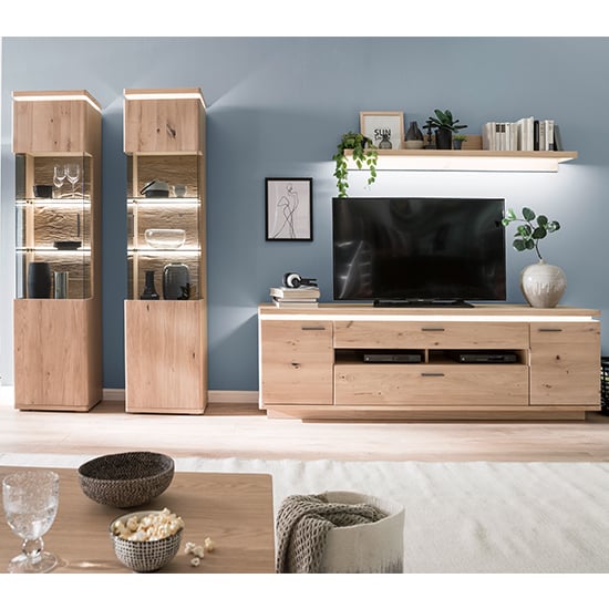 Barcelona LED Living Room Set In Planked Oak With 2 Display Unit