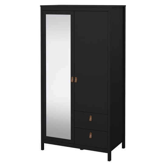 Barcila Mirrored Wooden Wardrobe 2 Doors 2 Drawers In Black
