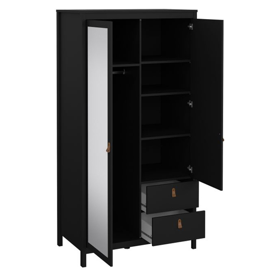 Barcila Mirrored Wooden Wardrobe 2 Doors 2 Drawers In Black