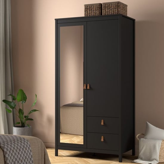 Product photograph of Barcila Mirrored Wooden Wardrobe 2 Doors 2 Drawers In Black from Furniture in Fashion