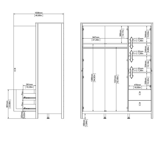 Barcila Mirrored Wooden Wardrobe 3 Doors 2 Drawers In Black