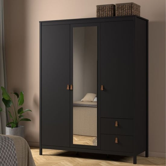 Product photograph of Barcila Mirrored Wooden Wardrobe 3 Doors 2 Drawers In Black from Furniture in Fashion