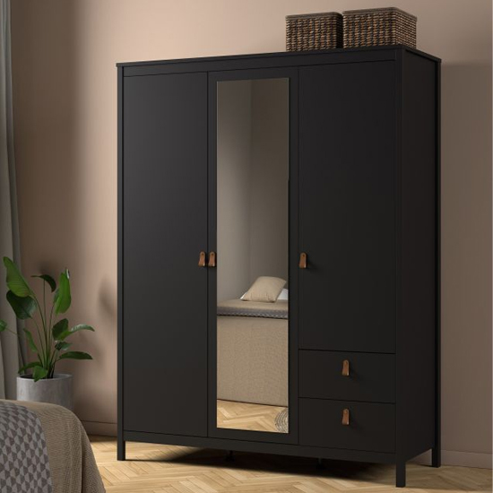 Read more about Barcila mirrored wooden wardrobe 3 doors 2 drawers in black
