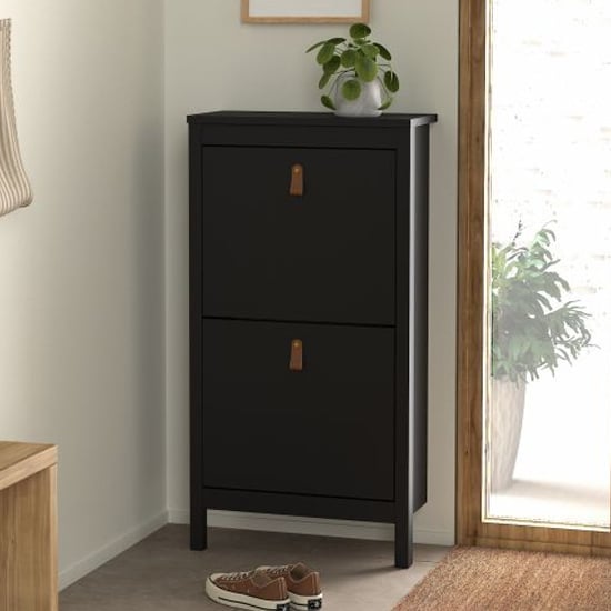 Product photograph of Barcila Wooden Shoe Storage Cabinet With 2 Flap Doors In Black from Furniture in Fashion