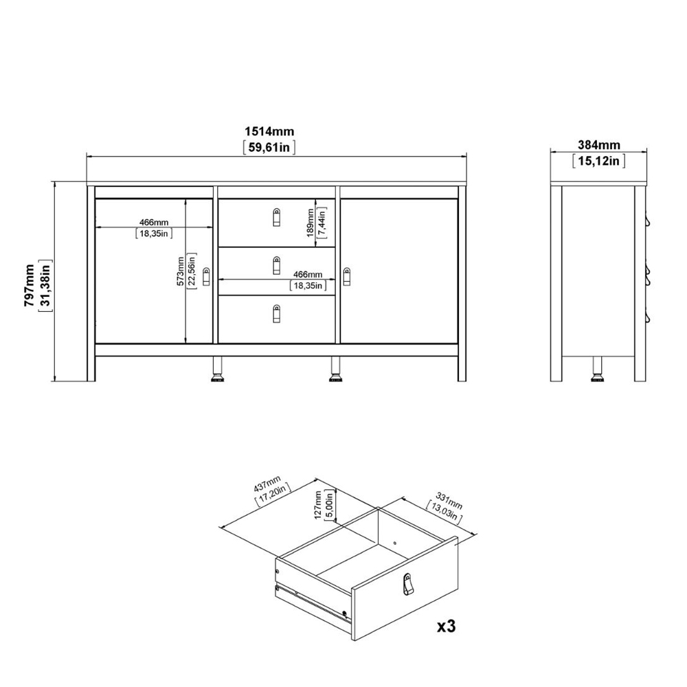 Barcila Wooden Sideboard With 2 Doors 3 Drawers In Cashmere