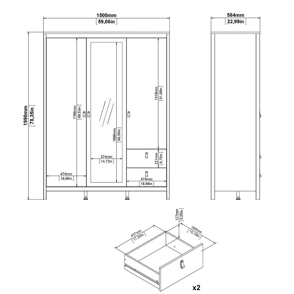 Barcila Wooden Wardrobe With 3 Doors 2 Drawers In Cashmere