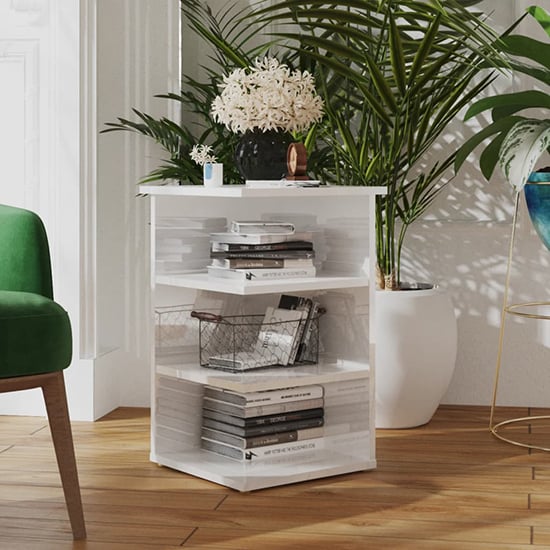 Bardia High Gloss Side Table With 3 Shelves In White Furniture in Fashion