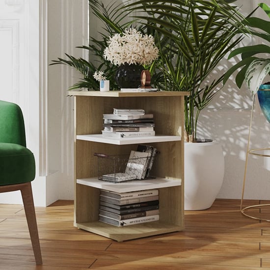 Bardia Wooden Side Table With 3 Shelves In White And Sonoma Oak_1