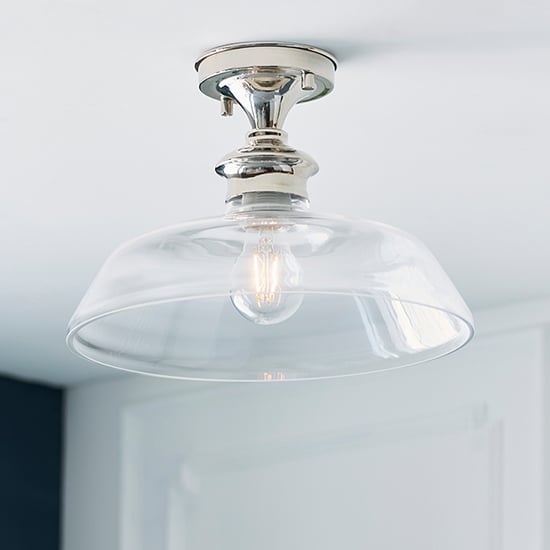 Barford Clear Glass Semi Flush Ceiling Light In Bright Nickel
