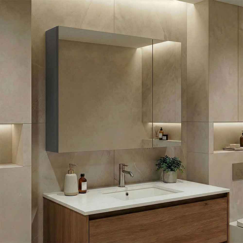 Bari Large Wooden Wall Mounted Bathroom Mirror Cabinet with 2 Doors in Anthracite
