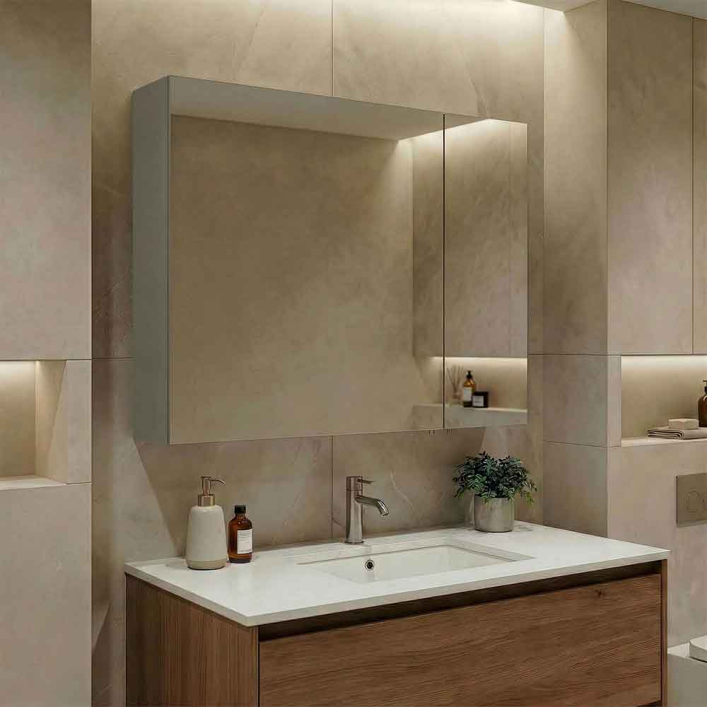 Bari Large Wooden Wall Mounted Bathroom Mirror Cabinet with 2 Doors in Cashmere