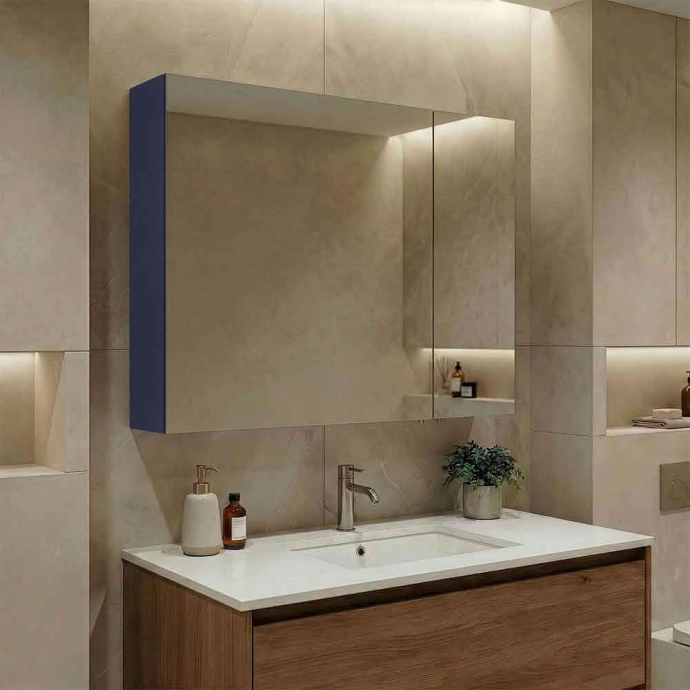 Bari Large Wooden Wall Mounted Bathroom Mirror Cabinet with 2 Doors in Navy Blue