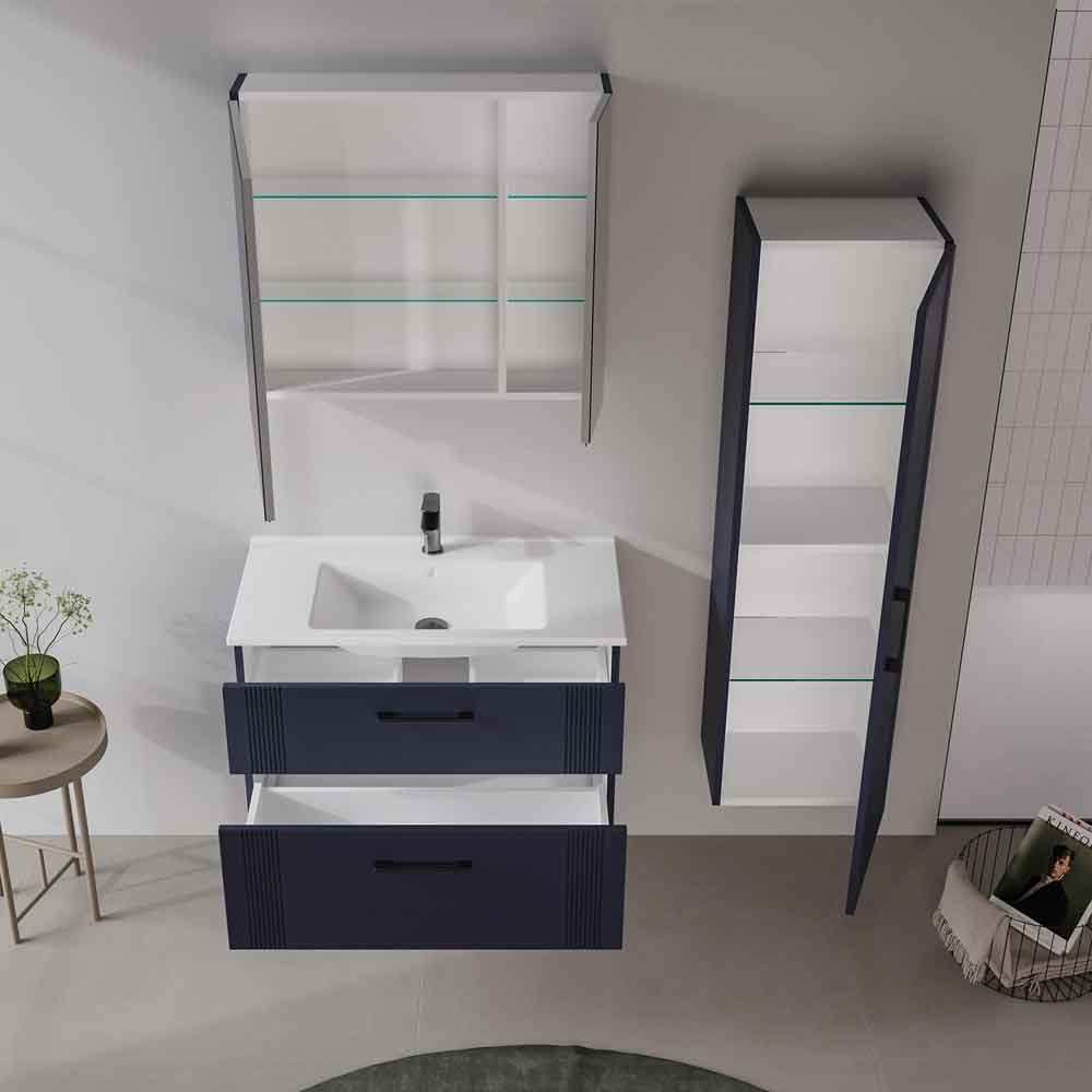 Bari Large Wooden Wall Mounted Bathroom Mirror Cabinet with 2 Doors in Navy Blue